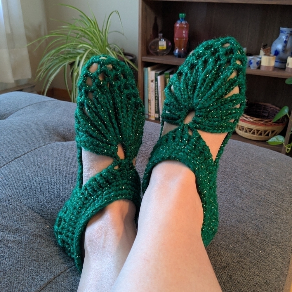 Handmade Knitted Acrylic Yarn Slipper Sandals Pantouffles Forest Green Silver
